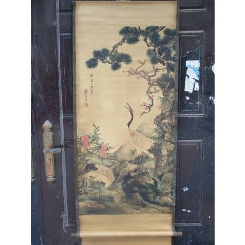 Collection Home wall decoration painting ,Chinese old paper scroll painting Qi bai shi "2 crane " animals Painting
