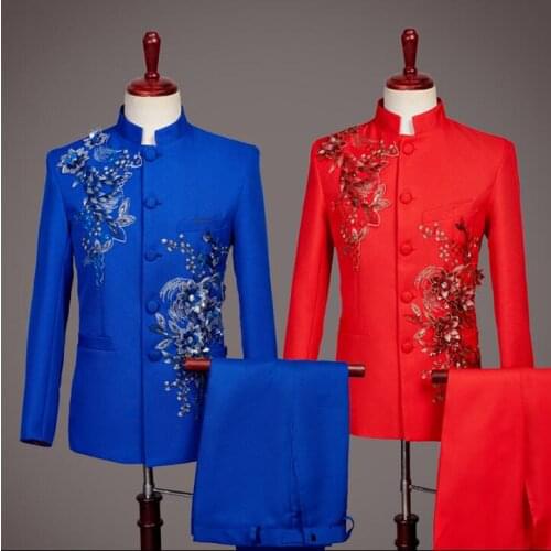 Singer star style dance stage clothing for men Chinese tunic suit Sequin mens wedding suits costume formal dress stand collar