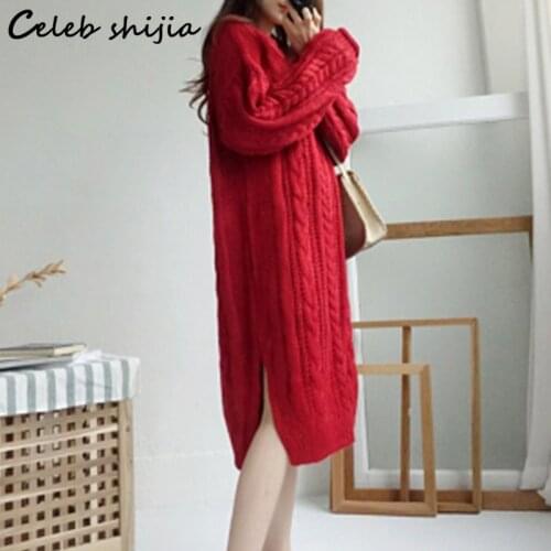 Red Thicken Loose Knit Dress Woman Autumn New O Neck Elegant Knitted Bodycon Dress Female Split Long Sweater Winter Clothing