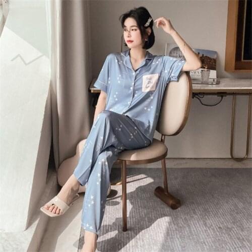 Summer Women Pajamas High Quality New Homewear Lapel Pajamas Sets Luxury Cardigan Short sleeve Ice silk Pajamas Pijamas de mujer