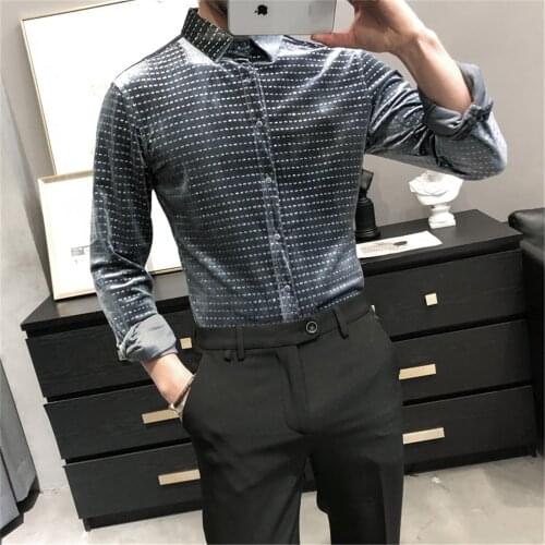 Fashion Polka Dot Velvet Shirts Men Business Formal Dress Shirts 2021 Spring Long Sleeve Casual Slim Shirt Social Streetwear Top