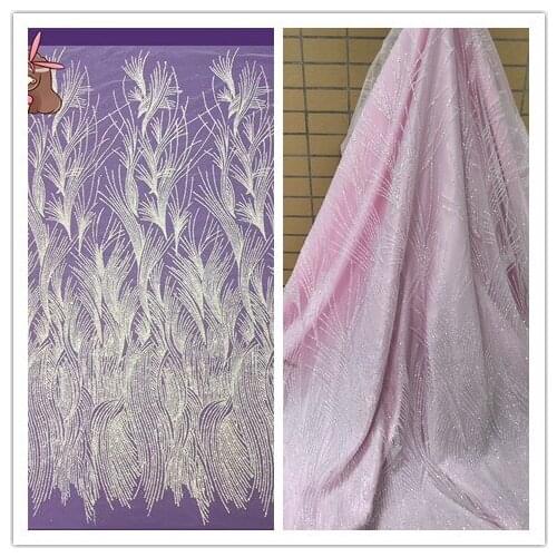 New arrival glued glitter African net lace crystal white SYJ-30882 French lace fabric for wedding dress