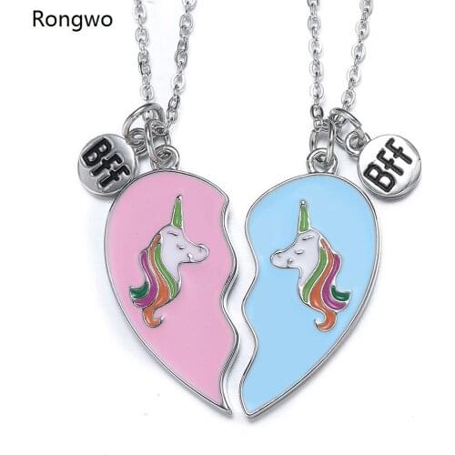 BFF Best Friend Cute Pendant Necklace Fashion Unicorn Heart Shaped Bimetallic Long Chain Friendship Necklace Jewelry Accessories