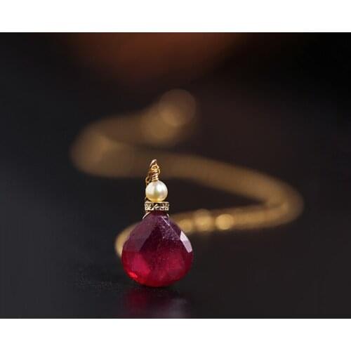 DAIMI GEMSTONES Faceted Water Drop Ruby Pendant Female Genuine Yellow 18K Gold Seawater Pearl Necklace