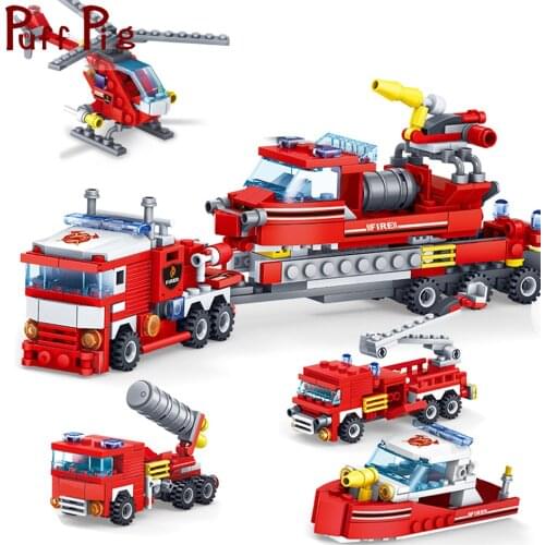 UKBOO 348pcs 4in1 City Fire Fighting Trucks Building Blocks Set Fighter Figures Car Helicopter Boat Bricks Toys for Children Boy