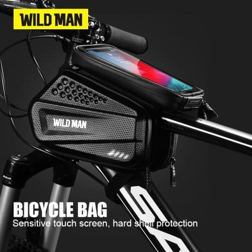 WILD MAN Bicycle Bag Rainproof EVA Hard Shell Carbon PU Front Top Tube Cycling Bag Touch Screen MTB Road Bike Accessories