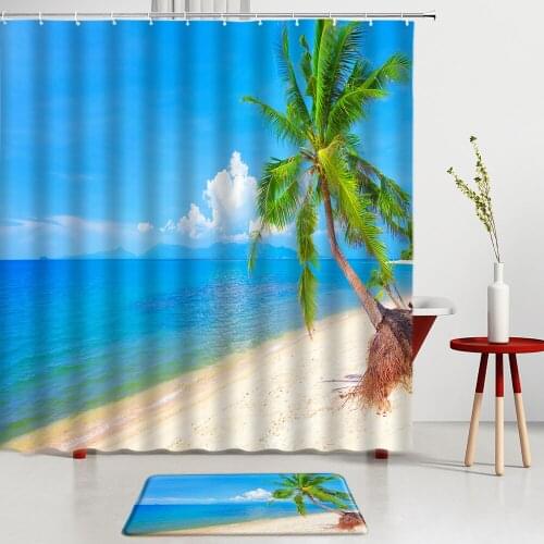 Ocean Scenery Shower Curtains Set Sunny Beach Palm Tree Tropical Plant Bath Mats Room Decor Rug Entrance Doormat Bathroom Screen