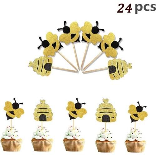 24Pcs Bumble Bee Cupcake Toppers Glitter Honeycomb Cake Topper Picks Baby Shower Gender Reveal Party Food Decoration Supplies
