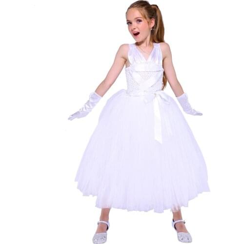 Girls White Tulle Halloween Cosplay Dress Ball Gown Children Prom Birthday Party Dress Girl Princess Tutu Dress