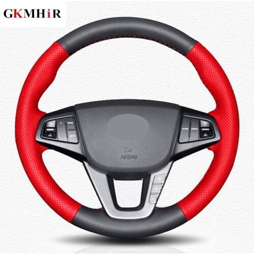 DIY Hand-stitched Black Genuine Leather Steering Wheel Cover for Hyundai Mistra 2013 2014