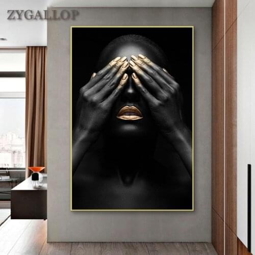 Black Hand and Gold Lip Black Woman Canvas Painting Modern Art Posters and Prints African Wall Art Picture for Living Room Decor