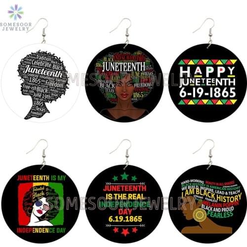 SOMESOOR Juneteenth Independence Day Wooden Drop Earrings Black History Design Printed Loops Dangle Jewelry For Women Gifts