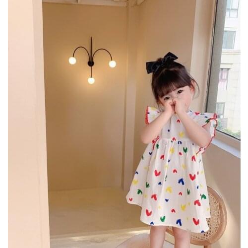 Girls Dress 2021 Children Flying Sleeve Cotton Sleeveless Cute Heart Summer New Princess Dresses Children Kids Lovely Clothes