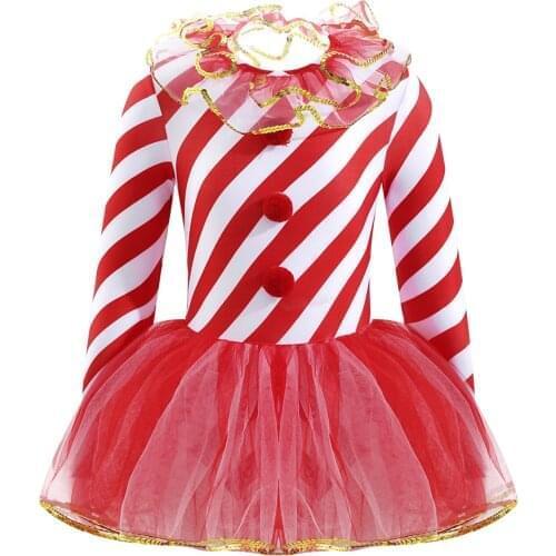 Kids Christmas Mesh Dress Long Sleeves Shiny Sequins Striped Dancewear Child Girls Tutu Ballet Leotards Figure Skating Costume