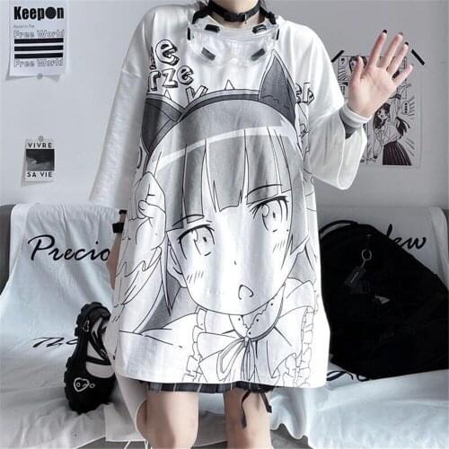 Cartoon O-neck T Shirt Streerwear Japan Summer Tops Half Sleeve Tees Kawaii Harajuku Oversize Funny Loose Amine T Shirt Femme