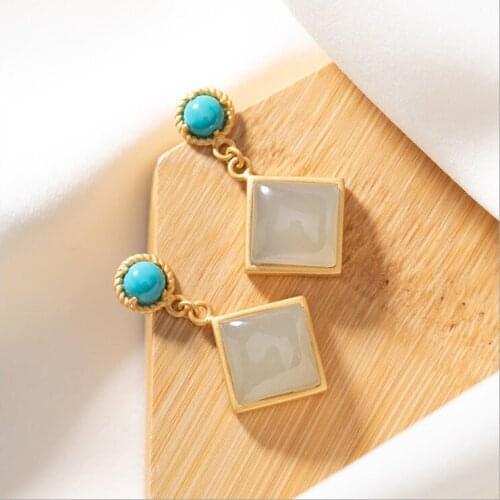 Natural Hetian Jade White Jade Square S925 Sterling Silver Women Turquoise Earrings Natural Geometric Elegant Classical Jewelry