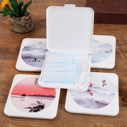 Chinese style mask storage box ink painting Mask case Portable square Mask storage box students mask container Home organizer
