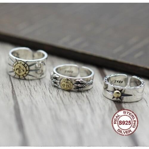 S925 Sterling Silver Ring in Indian style retro point gold to create Personality classic feather series Send a gift to love