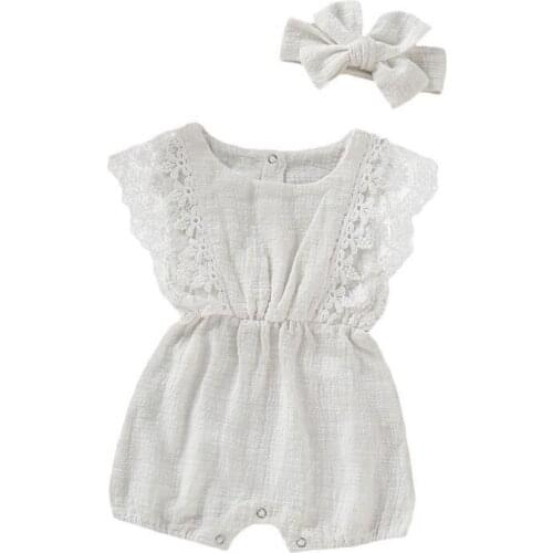 Summer Newborn Baby Girls Rompers Flare Sleeve Solid Design Jumpsuit with Headband