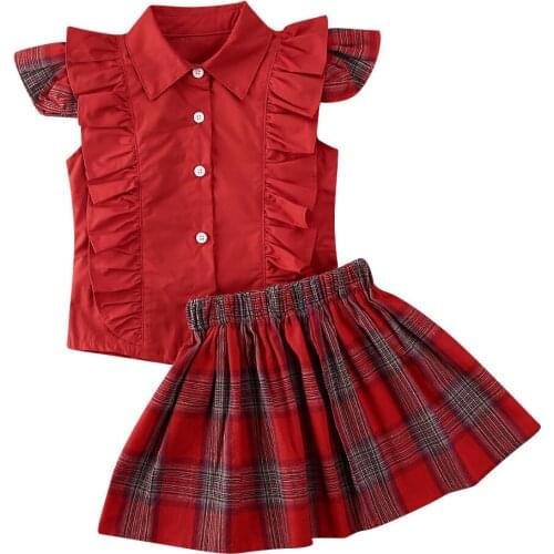 Kids Baby Girls Summer Outfits Ruffles Short Sleeve Turndown Neck T-Shirt Blouse Tops + Plaid Tutu Skirts Clothes Set for 1-6Y