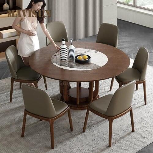 Multifunctional Round Dining Table Set Combination Of Family Dining Tables And Chairs With Turntable Made Of Rock Plates