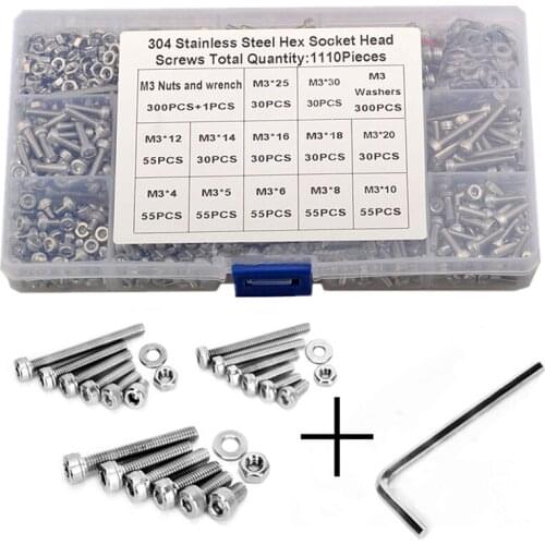 1110PCS M3 Hex Hexagon Socket Screw Set Stainless Steel Flat Round Cap Head Screw Assortment Kit Allen Bolts and Nuts Washer Set