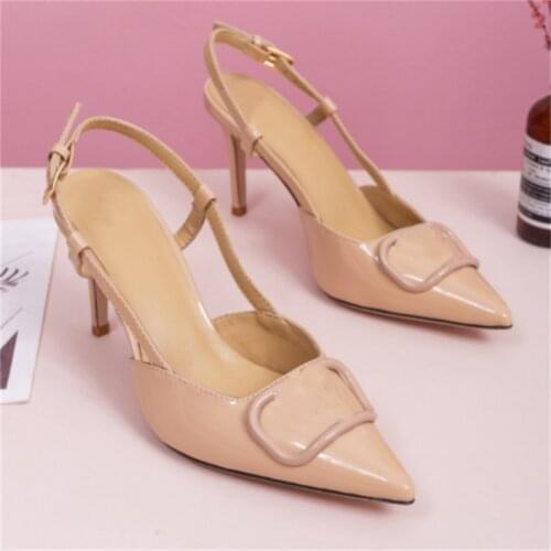 Straps Buckle Sandals Patent Leather Sandals Metal Decoration Sandals Pointed Splicing Sandals Slim High Heel Womens Shoes