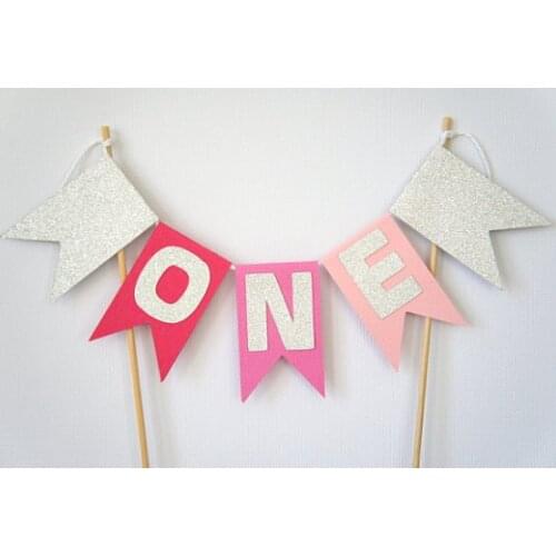 Personalised age pink silver cake bunting topper banner tools first girl christening baptism birthday Party baby shower decor