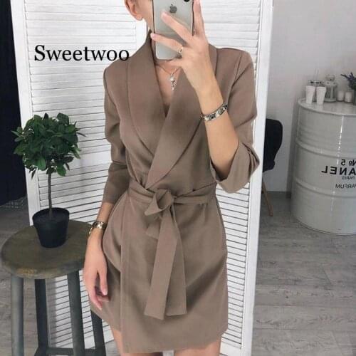 Tie Waist Long Sleeve Mini Dress Women 2020 Sexy Khaki Pink Black Elegant Slim Thin Work Blazer Casual Party Dress Women