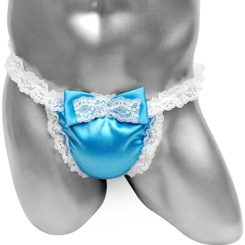 Sexy Shiny Satin Men Lingerie Ruffled Floral Lace Frilly Sissy Panties For Male Bikini G-String Thong Underwear