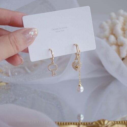 14k Real Gold Fashion Jewelry Crystal Key Love Pearl Exquisite Shiny Earrings for Woman Holiday Party Elegant Zircon Earring