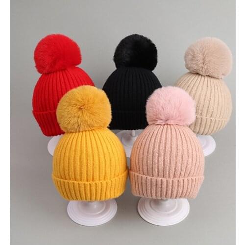Pompom Kids Hat Autumn Winter Children Girl Boy Beanie Cap Solid Color Knitted Thick Warm Crochet Bonnet Hat Kids Accessories