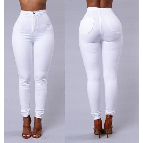 Thin High Waist Stretch Women Pencil Pants Tight Candy-colored Jeans Full Length Skinny White Black Blue Yellow Solid Color Jean