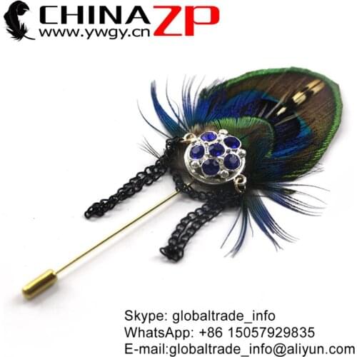 Gold Manufacturer CHINAZP Factory Unique Natural Peacock Feathers with Rhinestone and Chain Handmade Brooch Pin