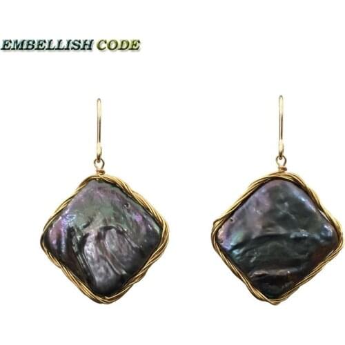 DIY NEW Design Hand made winding baroque stely flat block rhombus shape big size black hook dangle earring golden wire Unusual