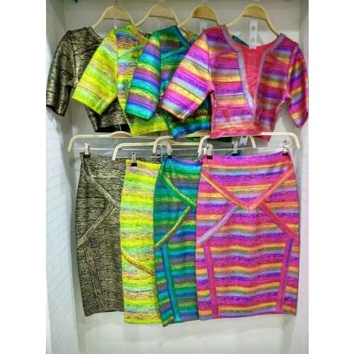 High quality stunning black gold green pink foil print bandage dresses dropshipping 2 piece ladies party dress wholesale