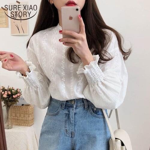 Blouse women blusas mujer de moda 2019 women long sleeve blouse Embroidery Lace Shirt Spring Linen Cotton Girls Blouse 6874 50