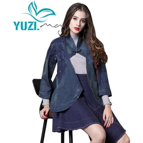 Jacket Women 2018 Yuzi.may Boho New Denim Women Coat Flower Embroidery Stand Collar Vintage Jackets B9266 Casaco Feminino