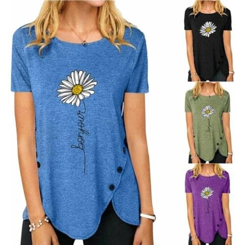 Women T-Shirt Irregular Button Short Sleeve Round Neck Print Summer Casual Top