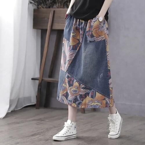 Plus Size Summer Skirts Womens 2021 Retro Print Stitching Jeans Skirt Women Long High Waist A-Line Denim Skirt Loose Cotton 323