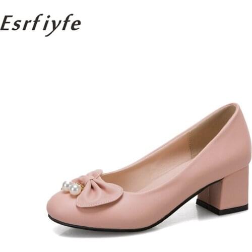 ESRFIYFE 2021 New Spring Summer Ladies High Heels Women Shoes Woman Pumps Bowknot Round Toe Single Shoes Large Size 28-34