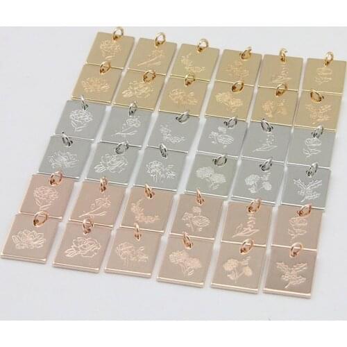 Women Jewelry Accessories Poppy/Cherry/Daisy Engraved Symbols Birth Flower Rectangle Pendant For Mom