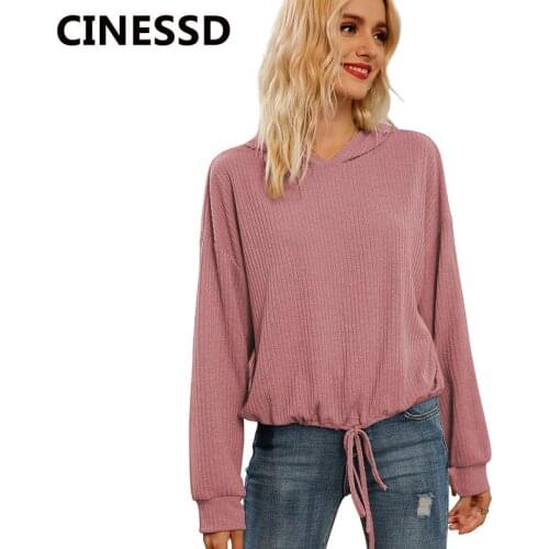 CINESSD Women Hooded Long Sleeves Casual Hoodies Burgundy V Neck Pullover Tops 2020 Autumn Solid Lace Up Black Hoodie Sweatshirt