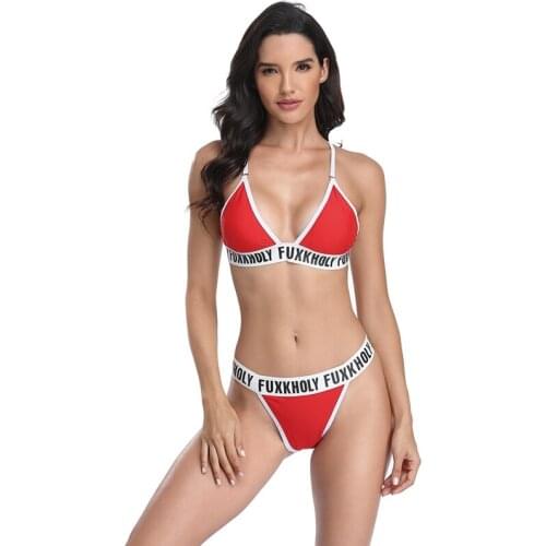 2021 New Women Bikini Summer New Split Bandage Solid Color Letter Sexy Beach Swimsuit Swimwear Female White