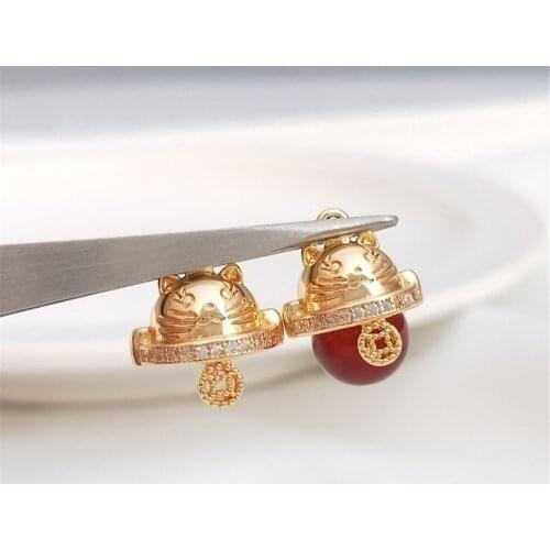 14K Gold Filled Zircon inlaid lucky cat round bead pendant holder DIY sticky pearl half hole with needle hanging bead holder