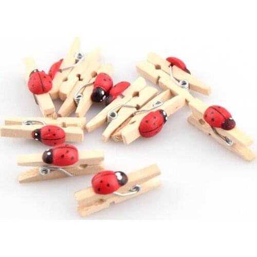 150pcs Red Ladybirds Ladybug on Natural Wood Pegs Easter Wedding Card Holder Clothespins Clips DIY Crafts Embellishments 25MM