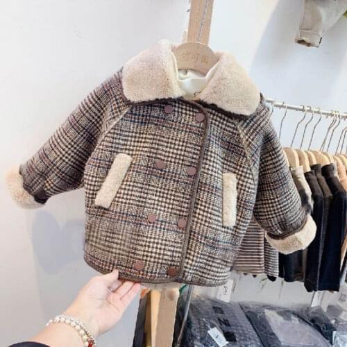 2021 Korean Children Fall Winter Coat Boys and Girls Fashionable Fleece-Lined Thick Wool Super Soft Plaid Fashionable Coat
