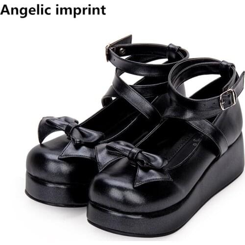 Angelic imprint woman mori girl lolita cosplay shoes lady mid wedges heels pumps women princess dress party shoes lovely bowtie