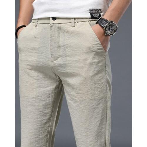 Summer Design Mens Casual Thin Pants Slim Straight Fashion Stretch Retro Khaki Wrinkles Texture Fabric Trousers Men Size 28-38