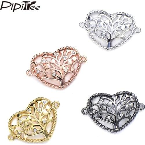 Pipitree 4pcs Hollow Heart Charms Bracelet Connector Copper CZ Zircon DIY Life Tree Charms Beads for Jewelry Making Wholesale